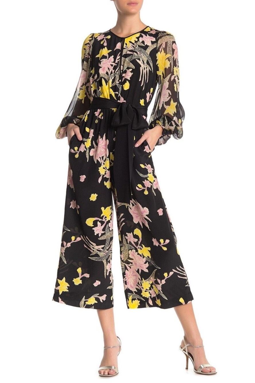 DVF Diane von Furstenberg Delphi Jumpsuit Tie Belt Floral Bouquet Cropped